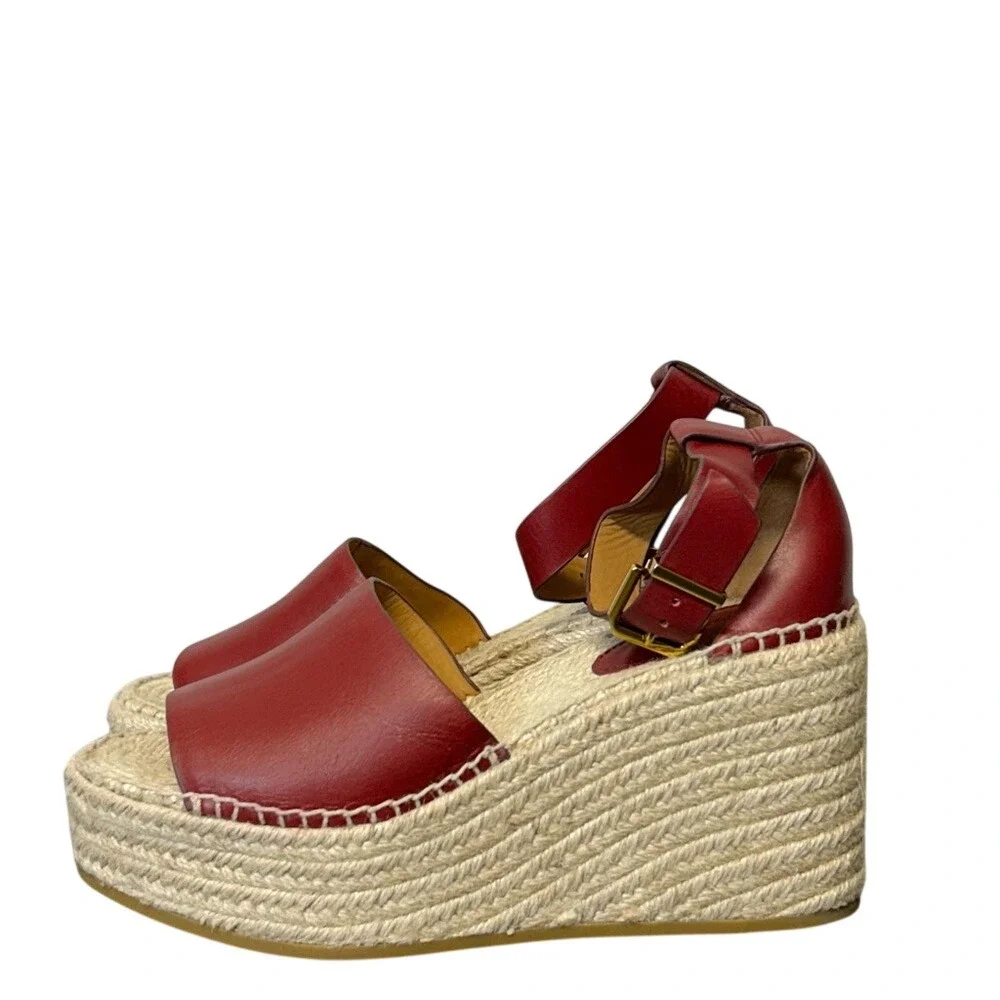 & Other Stories Red Leather Platform Espadrille Wedge Sandals - Size 38‎ / US 8